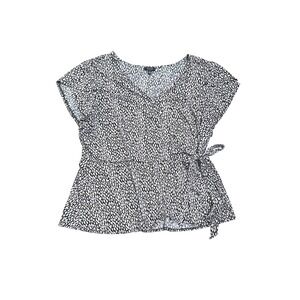 AUW Womens 1X Black White Abstract Print V-Neck Short Sleeve Front Tie Blouse